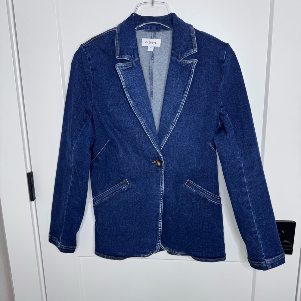 Evereve Fitted Jean Jacket Blazer Women's Denim 1 Button Shoulder Pads XS NWOT - Picture 5 of 10